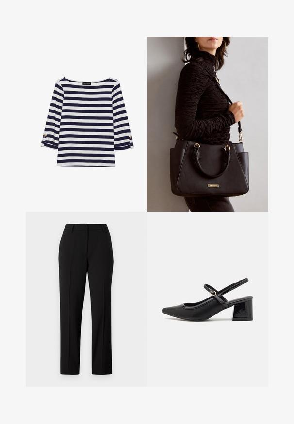 Marineblå og hvit stripete langermet topp med båthals og gullknapper på rullede ermer. Myk stoff, avslappet passform.; Sorte straight-leg bukser i et glat stof. Har en flad front, bæltestropper og sidelommer. Designet til formelt eller forretningsmæssigt brug.; Sorte lakk lær slingback hæler med spiss tå, et avrundet utskjæringsdesign og blokkheel. Har en gulltone spenne som detalj.; Svart håndveske med teksturert overflate, doble topphåndtak og justerbar skulderrem. Har detaljer i gulltone og sidelommer.