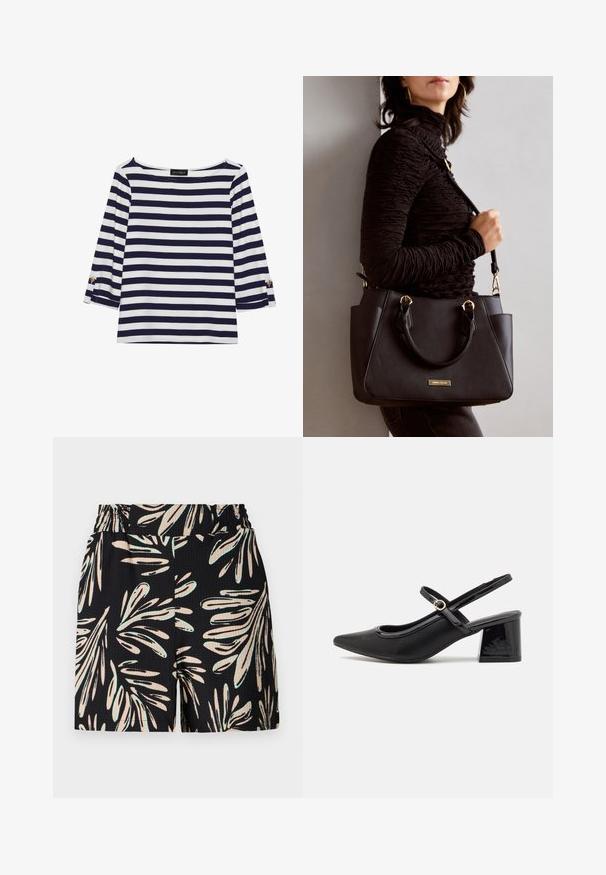 Mėlynos ir baltos spalvos dryžuotas ilgomis rankovėmis marškinėliai su laiviniu kaklu ir auksiniais mygtukais sukeltose rankovėse. Minkšta medžiaga, laisvas siluetas.; Juodi šortai su lapų raštu, šviesiai bežiu ir mėtų žalios spalvos, pagaminti iš tekstūruotos medžiagos ir su elastingu juosmeniu.; Juodi patentinio odos slingback aukštakulniai su smailiu pirštu, apvaliu išpjovimu ir blokiniu kulnu. Papuošti auksiniu juostos akcentu.; Juodas rankinės maišelis su struktūrizuota paviršiumi, dvigubais viršutiniais rankenėlėmis ir reguliuojamu peties diržu. Įrengtas aukso spalvos furnitūra ir šoninės kišenės.