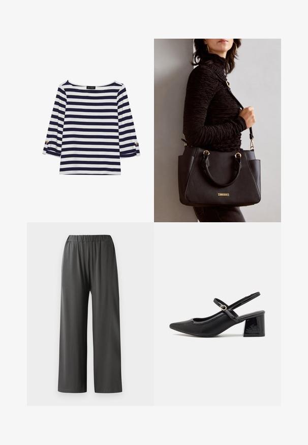 Navy and white striped long-sleeve top with a boat neckline and gold-button accents on rolled sleeves. Soft fabric, relaxed fit.; Wide-leg, black pants with an elasticated waistband. Made from a smooth, lightweight fabric. Features no visible pockets or patterns.; Black patent leather slingback heels with a pointed toe, a rounded cutout design, and a block heel. Features a gold-tone buckle accent.; Black handbag with textured surface, dual top handles, and adjustable shoulder strap. Features gold-tone hardware and side pockets.