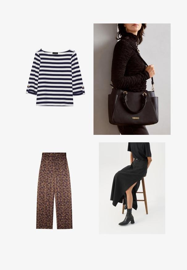 Marineblå og hvide stribede langærmede top med bådudskæring og guldknapdetaljer på opsmøgede ærmer. Blødt stof, afslappet pasform.; Brune mønstrede vide bukser med et geometrisk print i mørkere nuancer. Elastisk talje, glat tekstur og cropped længde.; Sort linned maxi-nederdel med en høj slids, båret med en sort t-shirt og sorte ankelstøvler. Minimalistisk design med en afslappet pasform.; Sort håndtaske med struktureret overflade, dobbelt topbærere og justerbar skulderrem. Udstyret med guldfarvet metalhardware og sidelommer.