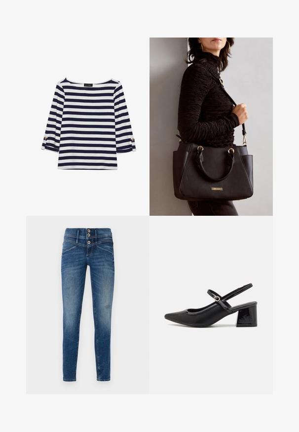 Bluză cu mâneci lungi, dungată în navy și alb, cu decolteu tip bărci și accente cu nasturi aurii pe mânecile răsucite. Material moale, croială lejeră.; Jeans skinny din denim albastru închis cu un finisaj uzat, având talie înaltă, închidere cu două butoane și detalii distresate pe picioare.; Cizme cu toc slingback din piele sintetică lacuită neagră, cu vârful ascuțit, un design cu decupaj rotunjit și toc bloc. Include un accent cu cataramă de culoare aurie.; Geantă de umăr neagră cu suprafață texturată, cu două mânere superioare și curea de umăr ajustabilă. Dispune de accesorii metalice de culoare aurie și buzunare laterale.