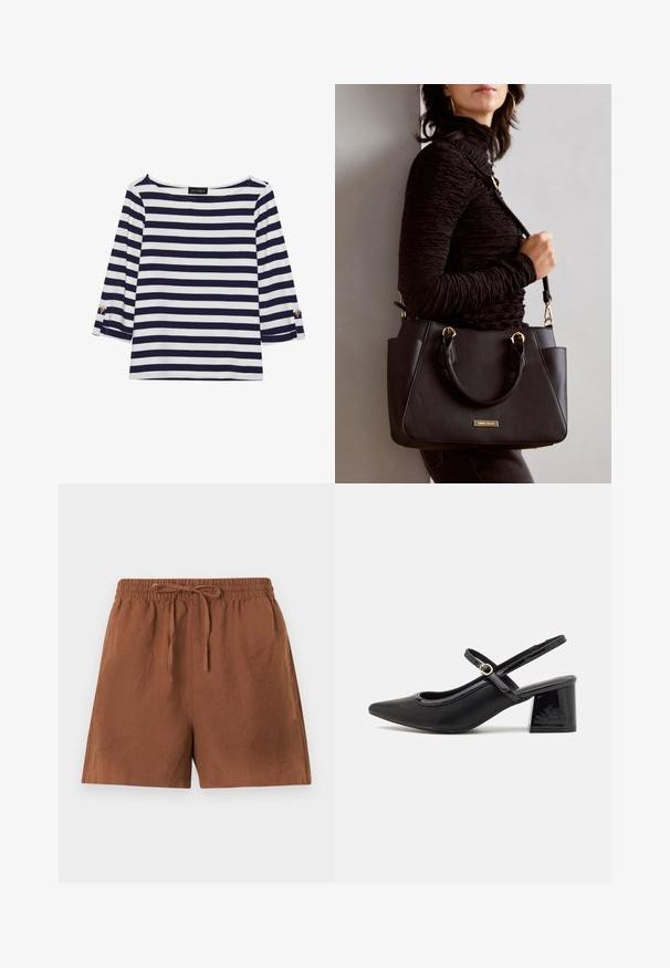 Gestreiftes Langarmoberteil in Marineblau und Weiß mit einem Bootsausschnitt und goldfarbenen Knopfdetails an den hochgekrempelten Ärmeln. Weicher Stoff, entspannter Schnitt.; Braune, leichte Shorts mit elastischem Bund und Kordelzug. Sie haben eine lockere Passform und eine glatte Textur, die sich gut für die Freizeitkleidung eignet.; Schwarze Lackleder-Slingback-Absätze mit spitzer Zehenform, einem runden Ausschnitt-Design und einem Blockabsatz. Mit einem goldfarbenen Schnallenakzent.; Schwarze Handtasche mit strukturierten Oberflächen, doppelten Obergriffen und verstellbarem Schultergurt. Mit goldfarbener Hardware und Seitentaschen.