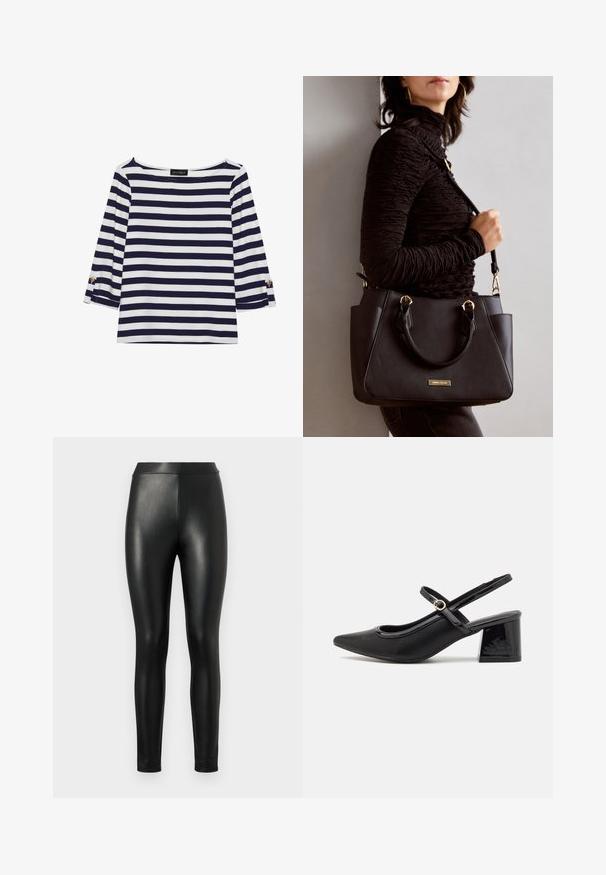 Mornarsko modra in bela črtasta majica z dolgimi rokavi, z vratnim izrezom v obliki čolna in zlatimi gumbi na zavihkih rokavov. Mehka tkanina, sproščen kroj.; Črne hlače iz umetnega usnja z gladko teksturo, visokim pasom in prilegajočim se krojem, zasnovane za vitko silhueto.; Črne patentne usnjene salonarce s slingback obliko, s koničastim nosom, zaobljenim izrezom in blok peto. Imajo zlato kovinsko zaponko kot dodatno okrasje.; Črna torbica z teksturirano površino, z dvema zgornjima ročajema in nastavljivim ramenskim pasom. Ima zlatovrateče dodatke in stranske žepe.