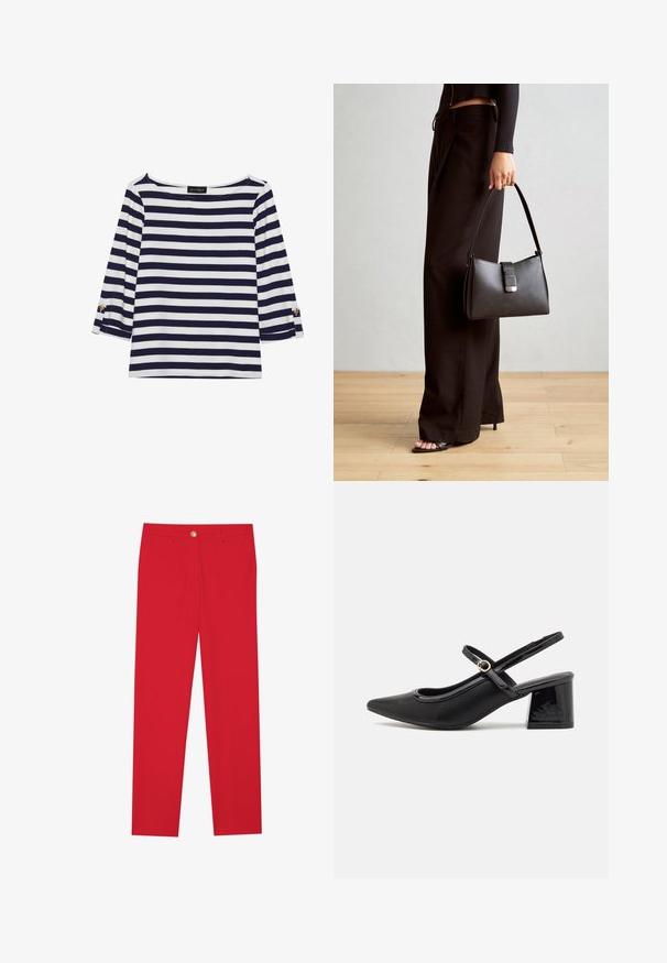 Tengerészkék és fehér csíkos, hosszú ujjú blúz, hajónyakkal és aranygombos díszítésekkel a felhajtott ujjain. Puha anyag, lazán illeszkedő fazon.; Piros nadrág egyenes lábbal, lapos elejű, egy gombos záródással és két oldalsó zsebbel. Sima anyag, látható minták vagy kiegészítők nélkül.; Fekete lakk bőr, pántos magassarkú cipő, hegyes orral, lekerekített kivágással és tömbsarkal. Arany színű csat díszíti.; Fekete kézi táska strukturált formával, sima textúrával és fémből készült záródással. Széles fekete nadrággal és nyitott orrú szandállal párosítva, fából készült padlón.