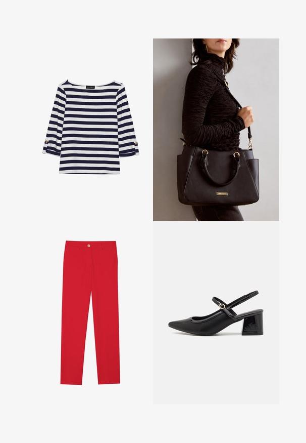 Haut rayé bleu marine et blanc à manches longues avec un col bateau et des accents de boutons dorés sur les manches retroussées. Tissu doux, coupe décontractée.; Pantalons rouges avec une coupe droite, devant plat, fermeture à un bouton et deux poches latérales. Tissu lisse sans motifs ni accents visibles.; Escarpins slingback en cuir verni noir avec un embout pointu, un design à découpes arrondies et un talon carré. Présente un accent de boucle en ton doré.; Sac à main noir avec surface texturée, deux poignées supérieures et bandoulière réglable. Doté de quincaillerie dorée et de poches latérales.