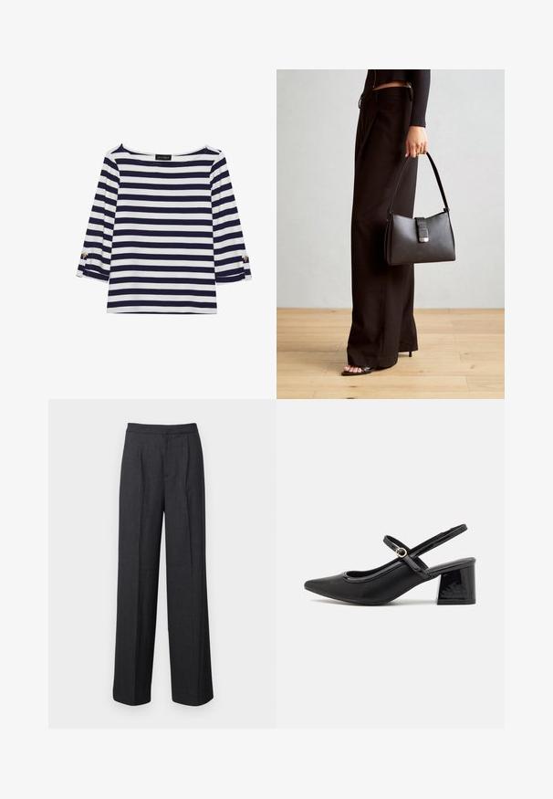 Marinblå och vit randig långärmad topp med båtutskuren hals och guldknappdetaljer på uppvikta ärmar. Mjuk tyg, avslappnad passform.; Mörkgrå vida byxor i tyg med en slät textur, med en rak front och en skräddarsydd midja.; Svarta lackläder slingback-klackar med spetsig tå, en rundad utskärning och en blockklack. Utsmyckad med en spänne i guldton.; Svart handväska med strukturerad form, slät yta och metallspänne. Matchad med vida svarta byxor och sandaler med öppen tå på trägolv.