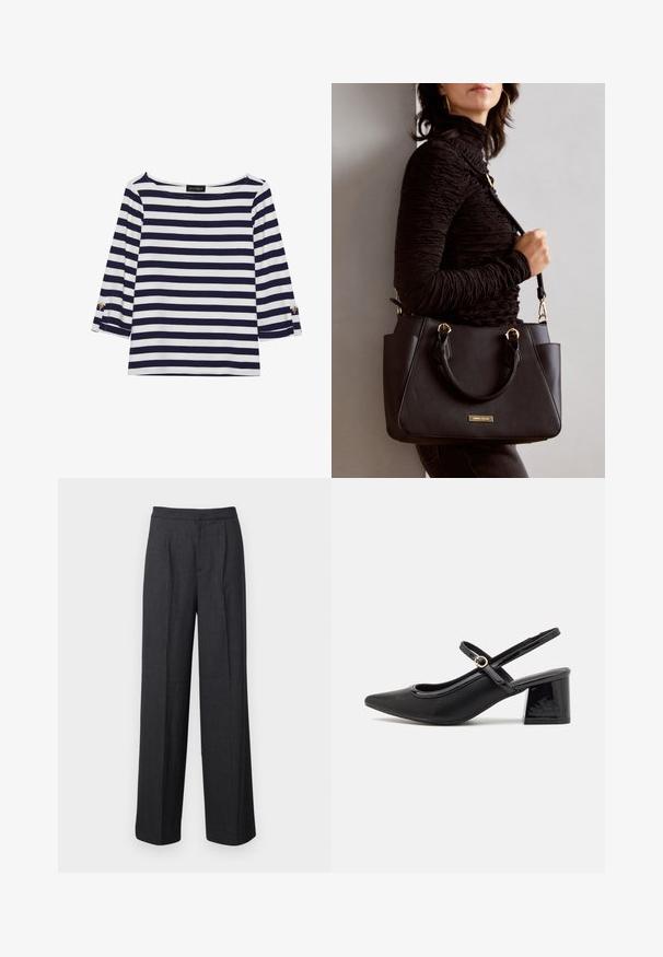 Tengerészkék és fehér csíkos, hosszú ujjú blúz, hajónyakkal és aranygombos díszítésekkel a felhajtott ujjain. Puha anyag, lazán illeszkedő fazon.; Sötétszürke, bő szárú nadrág, sima textúrájú anyagból, lapos elejű és szabott derékkal.; Fekete lakk bőr, pántos magassarkú cipő, hegyes orral, lekerekített kivágással és tömbsarkal. Arany színű csat díszíti.; Fekete kézitáska texturált felülettel, dupla felső fogantyúval és állítható vállpánttal. Arany színű fém kiegészítők és oldalsó zsebek találhatók rajta.