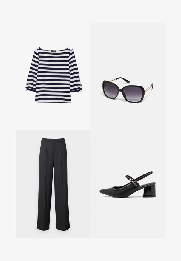 Námornícky a bielo pruhovaný top s dlhým rukávom, ktorý má lodičkový výstrih a zlaté gombíkové akcenty na zrolovaných rukávoch. Mäkčená látka, voľný strih.; Tmavošedé široké nohavice vyrobené z látky s hladkou textúrou, s rovnými prednými časťami a prispôsobeným pásom.; Čierne lakované kožené lodičky so slingback dizajnom, špicatou špičkou, zaobleným výrezom a blokovým podpätkom. Obsahuje akcent zlatého tónu s prackou.; Čierne oversized slnečné okuliare s gradientovými sklíčkami, hrubými rámami a zlatým retiazkovým detailom na stranách.; Čierna kabelka so štruktúrovaným tvarom, hladkou textúrou a kovovou sponou. V kombinácii so širokými čiernymi nohavicami a sandálmi s otvorenou špičkou na drevenej podlahe.