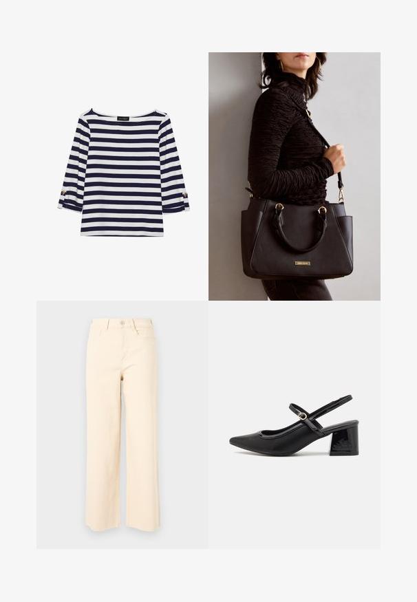 Haut rayé bleu marine et blanc à manches longues avec un col bateau et des accents de boutons dorés sur les manches retroussées. Tissu doux, coupe décontractée.; Jean beige à jambes larges en coton, avec une taille haute, une fermeture à bouton et deux poches avant, présentant une finition douce et texturée.; Escarpins slingback en cuir verni noir avec un embout pointu, un design à découpes arrondies et un talon carré. Présente un accent de boucle en ton doré.; Sac à main noir avec surface texturée, deux poignées supérieures et bandoulière réglable. Doté de quincaillerie dorée et de poches latérales.