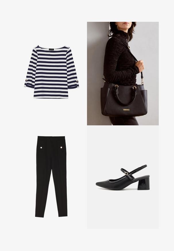 Námořnická a bílá pruhovaná halenka s dlouhým rukávem a lodním výstřihem, se zlatými knoflíky na ohrnutých rukávech. Měkká tkanina, volný střih.; Černé kalhoty na míru s hladkým povrchem, které disponují dvěma předními kapsami se zdobnými kovovými detaily a slim-fit střihem.; Černé lakované lodičky s otevřenou patou, špičatou špičkou, zaobleným střihem a blokovým podpatkem. Zdobené akcentem v zlatém tónu.; Černá kabelka s texturovaným povrchem, dvojitými horními uchy a nastavitelným ramenním popruhem. Obsahuje zlaté kovové prvky a boční kapsy.