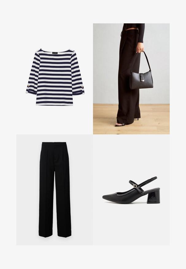 Laivastonsininen ja valkoinen raidallinen pitkähihainen paita, jossa on venepääntie ja kultaiset napit käärittyissä hihoissa. Pehmeä kangas, rento mitoitus.; Mustat leveälahkeiset housut, joissa on sileä tekstuuri. Housuissa on litteä etuosuus, laskokset ja muotoiltu vyötärö. Ei näkyvää metalliosaa tai kuvioita.; Musta lakattu nahka slingback-korkokengät, joissa on terävä kärki, pyöreä aukko-muotoilu ja lohkokorko. Varustettu kultasävyisellä solkiyksityiskohdalla.; Musta käsilaukku, jossa on rakenteellinen muoto, sileä pinta ja metallinen solki. Yhdistetty leveisiin mustiin housuihin ja avonaiheisiin sandaaleihin puulattialla.