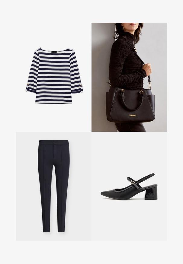 Mornarsko modra in bela črtasta majica z dolgimi rokavi, z vratnim izrezom v obliki čolna in zlatimi gumbi na zavihkih rokavov. Mehka tkanina, sproščen kroj.; Temno modre, po meri krojene hlače iz gladke tkanine, z oprijeto silhueto, sprednjimi gubami ter skritim zadrgo in zapenjanjem na gumb.; Črne patentne usnjene salonarce s slingback obliko, s koničastim nosom, zaobljenim izrezom in blok peto. Imajo zlato kovinsko zaponko kot dodatno okrasje.; Črna torbica z teksturirano površino, z dvema zgornjima ročajema in nastavljivim ramenskim pasom. Ima zlatovrateče dodatke in stranske žepe.