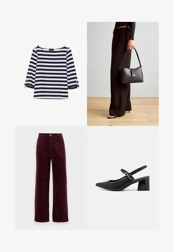 Marineblå og hvide stribede langærmede top med bådudskæring og guldknapdetaljer på opsmøgede ærmer. Blødt stof, afslappet pasform.; Burgunderrøde kordfløjel straight-leg bukser med høj talje, fem lommer og metalknaplukning foran. Struktureret stof med lodrette ribber.; Sorte patentlæder slingback hæle med spids tå, rund udskæring og blokhæl. Har en guldtonet spændeaccents.; Sort håndtaske med struktureret form, glat overflade og metalspænde. Sammen med brede sorte bukser og sandaler med åben tå på trægulv.