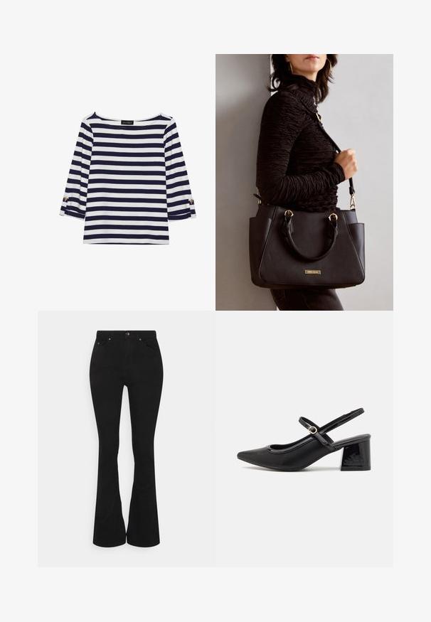 Námornícky a bielo pruhovaný top s dlhým rukávom, ktorý má lodičkový výstrih a zlaté gombíkové akcenty na zrolovaných rukávoch. Mäkčená látka, voľný strih.; Čierne rozšírené džínsy s vysokým pásom, vyrobené z jemnej zmesi bavlny. Obsahujú predné vrecká, kovové zapínanie na gombík a decentné detaily v šití.; Čierne lakované kožené lodičky so slingback dizajnom, špicatou špičkou, zaobleným výrezom a blokovým podpätkom. Obsahuje akcent zlatého tónu s prackou.; Čierna kabelka s textúrovaným povrchom, dvojitými hornými rúčkami a nastaviteľným ramenným popruhom. Obsahuje zlaté kovanie a bočné vrecká.