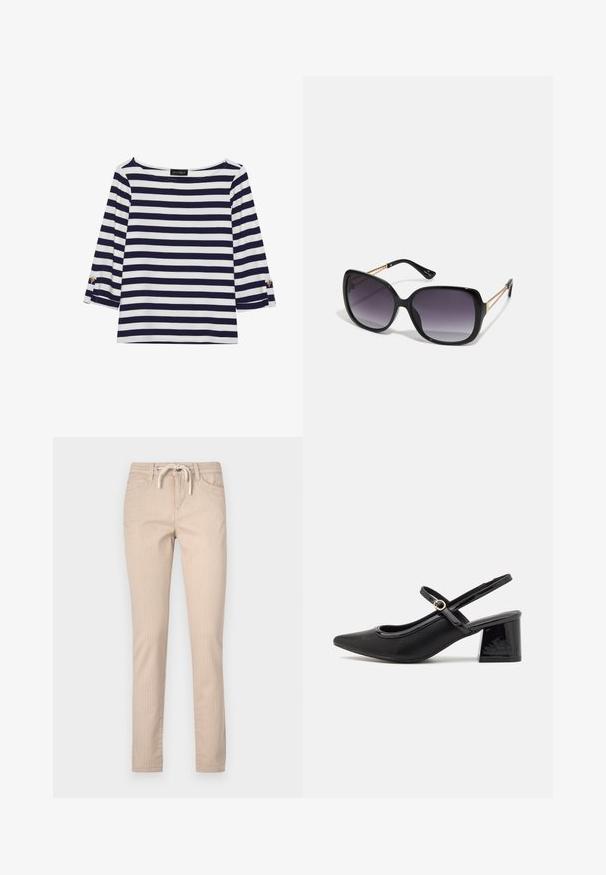 Mornarsko modra in bela črtasta majica z dolgimi rokavi, z vratnim izrezom v obliki čolna in zlatimi gumbi na zavihkih rokavov. Mehka tkanina, sproščen kroj.; Bež prugaste bombažne hlače z vrvico za regulacijo pasu, zožanimi nogami in dvema sprednjima žepoma. Gladka tekstura, sproščen dizajn.; Črne patentne usnjene salonarce s slingback obliko, s koničastim nosom, zaobljenim izrezom in blok peto. Imajo zlato kovinsko zaponko kot dodatno okrasje.; Črne prevelike sončne očala z degradacijskimi lečami, debelimi okvirji in zlatimi verižicami na ročajih.; Črna torba iz sintetičnega materiala, preproste pravokotne oblike, z zlatimi kvadratnimi detajli in dvojnih ročajem.