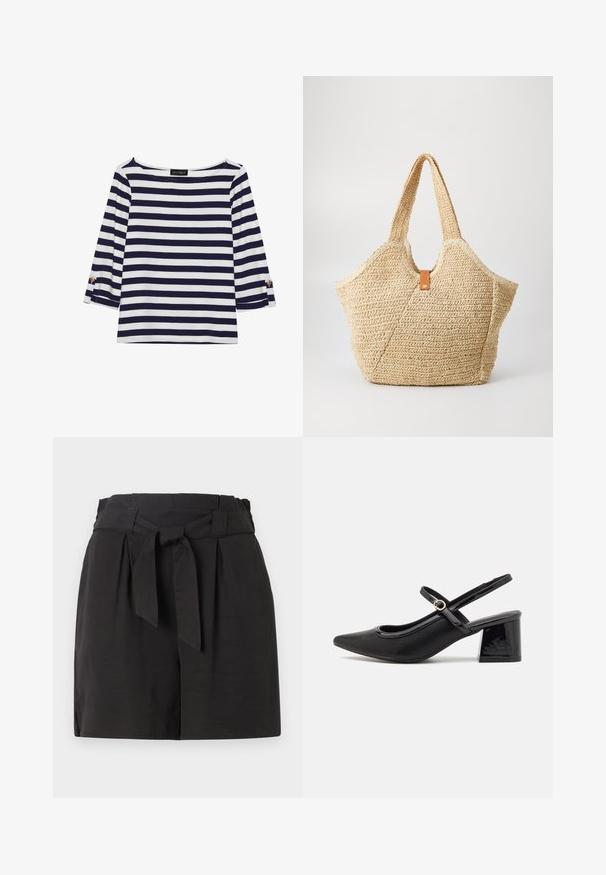 Navy and white striped long-sleeve top with a boat neckline and gold-button accents on rolled sleeves. Soft fabric, relaxed fit.; Black shorts with a folded waistband and a tie detail. Made from a smooth fabric with a tailored cut and side slit for comfort.; Black patent leather slingback heels with a pointed toe, a rounded cutout design, and a block heel. Features a gold-tone buckle accent.; Large straw tote bag with a textured, beige exterior and two wide handles. Features a leather accent strap for closure.