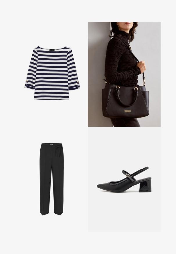 Gestreiftes Langarmoberteil in Marineblau und Weiß mit einem Bootsausschnitt und goldfarbenen Knopfdetails an den hochgekrempelten Ärmeln. Weicher Stoff, entspannter Schnitt.; Schwarze, hoch taillierte Hose mit einem Knoten-Belt-Detail. Hergestellt aus glattem Stoff, mit geradem Schnitt und zwei Fronttaschen.; Schwarze Lackleder-Slingback-Absätze mit spitzer Zehenform, einem runden Ausschnitt-Design und einem Blockabsatz. Mit einem goldfarbenen Schnallenakzent.; Schwarze Handtasche mit strukturierten Oberflächen, doppelten Obergriffen und verstellbarem Schultergurt. Mit goldfarbener Hardware und Seitentaschen.