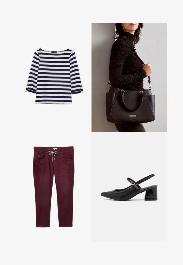 Laivastonsininen ja valkoinen raidallinen pitkähihainen paita, jossa on venepääntie ja kultaiset napit käärittyissä hihoissa. Pehmeä kangas, rento mitoitus.; Bordeaux-housut, joissa on naru vyötäröllä, etutaskut ja käärityt resorit. Valmistettu pehmeästä kankaasta, jossa on sileä pinta ja hienovaraiset saumat.; Musta lakattu nahka slingback-korkokengät, joissa on terävä kärki, pyöreä aukko-muotoilu ja lohkokorko. Varustettu kultasävyisellä solkiyksityiskohdalla.; Musta käsilaukku, jossa on teksturoitu pinta, kaksi yläkantta ja säädettävä olkahihna. Varustettu kultasävyisillä varusteilla ja sivutaskuilla.