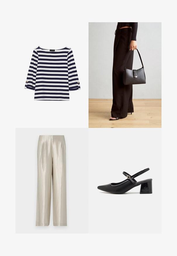 Mornarsko modra in bela črtasta majica z dolgimi rokavi, z vratnim izrezom v obliki čolna in zlatimi gumbi na zavihkih rokavov. Mehka tkanina, sproščen kroj.; Hlače iz svetlega bež satenskega materiala z gladko teksturo, ki imajo visok pas, široke hlačnice in subtilne naborke za dodatne podrobnosti.; Črne patentne usnjene salonarce s slingback obliko, s koničastim nosom, zaobljenim izrezom in blok peto. Imajo zlato kovinsko zaponko kot dodatno okrasje.; Črna torbica z strukturirano obliko, gladko teksturo in kovinskim zaponko. Ujemajo se z širokimi črnimi hlačami in odprtimi sandali na lesenem tleh.