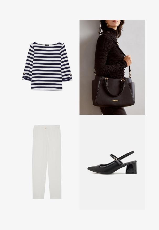Haut rayé bleu marine et blanc à manches longues avec un col bateau et des accents de boutons dorés sur les manches retroussées. Tissu doux, coupe décontractée.; Pantalon blanc sur mesure avec une coupe droite, doté d'une fermeture à bouton, de passants de ceinture et de poches latérales ; texture de tissu lisse.; Escarpins slingback en cuir verni noir avec un embout pointu, un design à découpes arrondies et un talon carré. Présente un accent de boucle en ton doré.; Sac à main noir avec surface texturée, deux poignées supérieures et bandoulière réglable. Doté de quincaillerie dorée et de poches latérales.