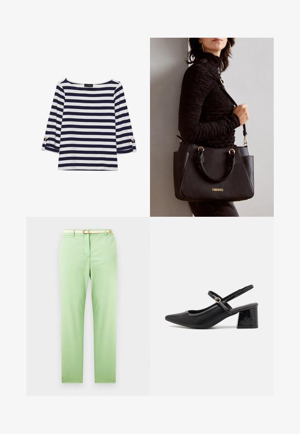 Top de manga longa às riscas azul-marinho e branco, com decote em barco e detalhes em botões dourados nas mangas com dobra. Tecido suave, ajuste descontraído.; Calças de algodão verdes claras com um corte reto, apresentando um cinto bege tecido, bolso frontal e sem padrões ou embelezamentos visíveis.; Sabrinas de cerâmica preta com salto bloco, bico apontado e um design com recortes arredondados. Apresenta um detalhe em fivela de tom dourado.; Bolsa preta com superfície texturizada, alças superiores duplas e alça de ombro ajustável. Apresenta ferragens em tom dourado e bolsos laterais.