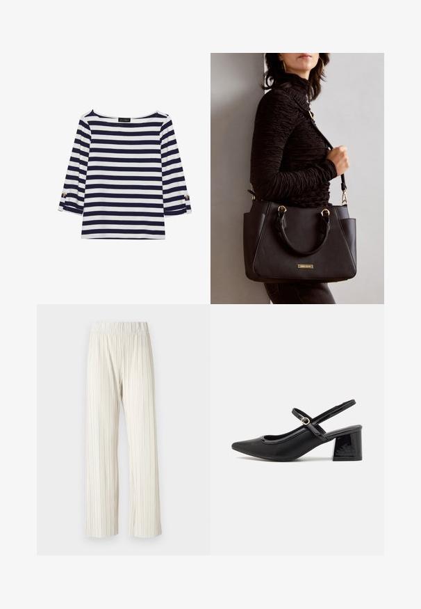 Námornícky a bielo pruhovaný top s dlhým rukávom, ktorý má lodičkový výstrih a zlaté gombíkové akcenty na zrolovaných rukávoch. Mäkčená látka, voľný strih.; Sukňové nohavice s širokým strihom v svetlej béžovej farbe, so elastickým pásom. Vyrobené z ľahkej textílie s vertikálnou štruktúrou po celom povrchu.; Čierne lakované kožené lodičky so slingback dizajnom, špicatou špičkou, zaobleným výrezom a blokovým podpätkom. Obsahuje akcent zlatého tónu s prackou.; Čierna kabelka s textúrovaným povrchom, dvojitými hornými rúčkami a nastaviteľným ramenným popruhom. Obsahuje zlaté kovanie a bočné vrecká.