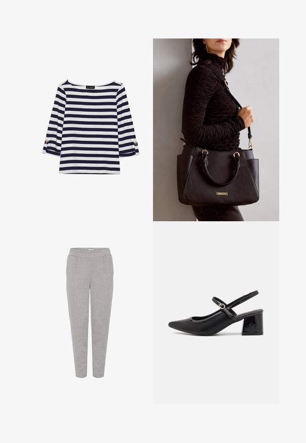 Granatowa i biała, w paski, bluzka z długim rękawem o dekolcie typu łódka oraz złotymi guzikami na podwiniętych rękawach. Miękka tkanina, luźny krój.; Szare spodni w jodełkę, taperowane, z elastycznym pasem i bocznymi kieszeniami, wyeksponowane na białym tle.; Czarne lakierowane czółenka na słupku ze spiczastym noskiem, lekko zaokrąglonym wycięciem i obcasem w kształcie bloku. Posiadają złotą klamrę jako akcent dekoracyjny.; Czarna torebka z teksturowanej powierzchni, podwójnymi uchwytami na górze i regulowanym paskiem na ramię. Posiada złote okucia i boczne kieszenie.