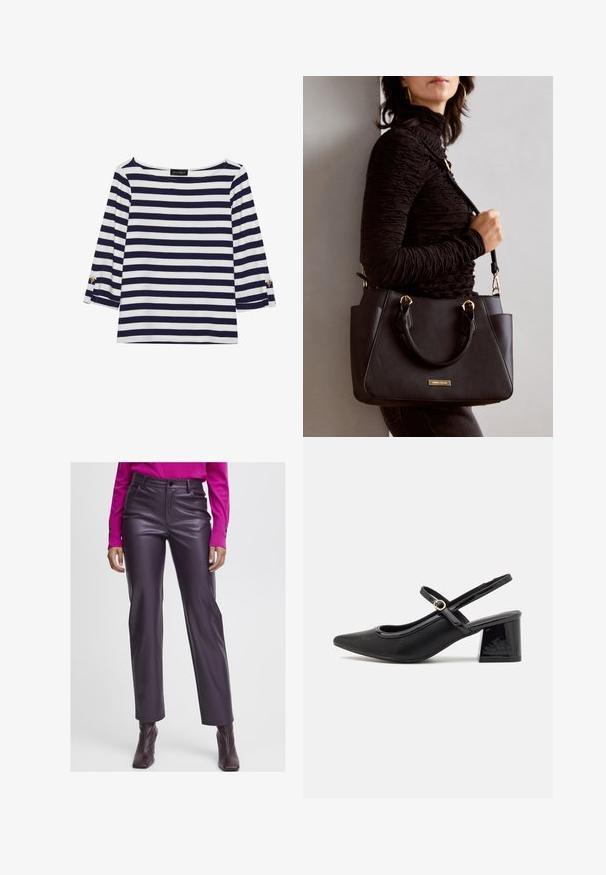 Haut rayé bleu marine et blanc à manches longues avec un col bateau et des accents de boutons dorés sur les manches retroussées. Tissu doux, coupe décontractée.; Pantalon taille haute en simili cuir violet avec une texture lisse, un design droit et des poches avant. Associé à un top à manches longues rose.; Escarpins slingback en cuir verni noir avec un embout pointu, un design à découpes arrondies et un talon carré. Présente un accent de boucle en ton doré.; Sac à main noir avec surface texturée, deux poignées supérieures et bandoulière réglable. Doté de quincaillerie dorée et de poches latérales.