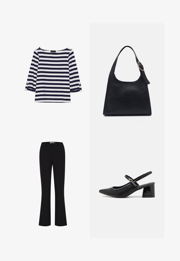 Mornarsko modra in bela črtasta majica z dolgimi rokavi, z vratnim izrezom v obliki čolna in zlatimi gumbi na zavihkih rokavov. Mehka tkanina, sproščen kroj.; Črne široke hlače iz gladkega blaga, z oblikovanim pasom in čistim sprednjim dizajnom brez žepov.; Črne patentne usnjene salonarce s slingback obliko, s koničastim nosom, zaobljenim izrezom in blok peto. Imajo zlato kovinsko zaponko kot dodatno okrasje.; Črna usnjena torba z gladko teksturo, zaobljeno telo in enojni ramenski trak, ki ima okroglo zlatno okrasno dodatno opremo.