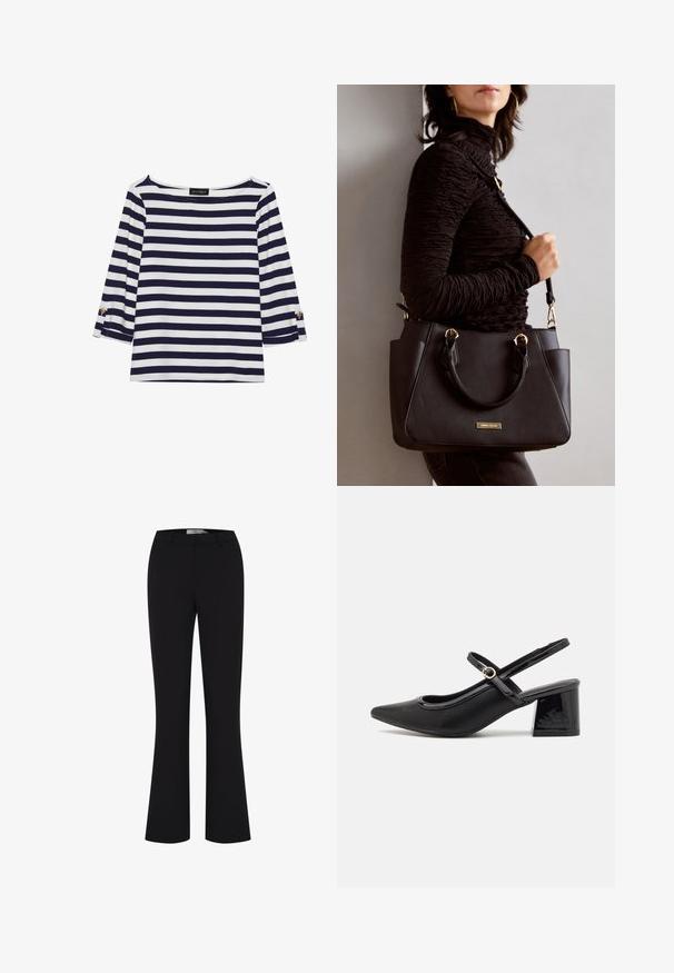 Námořnická a bílá pruhovaná halenka s dlouhým rukávem a lodním výstřihem, se zlatými knoflíky na ohrnutých rukávech. Měkká tkanina, volný střih.; Černé rozšířené kalhoty vyrobené z hladké látky, s přiléhavým pasem a čistým předním designem bez kapes.; Černé lakované lodičky s otevřenou patou, špičatou špičkou, zaobleným střihem a blokovým podpatkem. Zdobené akcentem v zlatém tónu.; Černá kabelka s texturovaným povrchem, dvojitými horními uchy a nastavitelným ramenním popruhem. Obsahuje zlaté kovové prvky a boční kapsy.