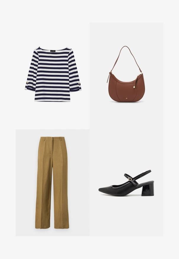 Duga majica dugih rukava prugasta u mornarsko plavu i bijelu boju s brodoglavim izrezom i zlatnim gumbima na pojačanim rukavima. Mekani materijal, opušteni kroj.; Kaki široke hlače izrađene od lagane tkanine, s glatkom teksturom, prednjim nabranjcima i klasičnim dizajnom struka.; Crne lakirane slingback visoke potpetice s šiljastim vrhom, zaobljenim izrezom i blok potpeticom. Sadrži akcent zlatnog tona s kopčom.; Smeđa torba od umjetne kože s zakrivljenim oblikom, minimalnim šavovima i zlatnim metalnim detaljima. Ima zatvaranje na gornjoj strani sa patentnim zatvaračem i podesivu naramenicu.