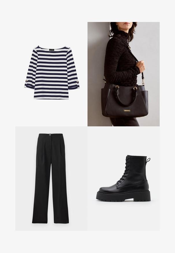 Navy and white striped long-sleeve top with a boat neckline and gold-button accents on rolled sleeves. Soft fabric, relaxed fit.; Black, high-waisted trousers made of smooth fabric, featuring front pleats, a single button closure, and wide legs. No pockets visible.; Black leather ankle boots with a round toe, lace-up front, and a thick rubber sole featuring a textured tread. Pull tab at the back.; Black handbag with textured surface, dual top handles, and adjustable shoulder strap. Features gold-tone hardware and side pockets.