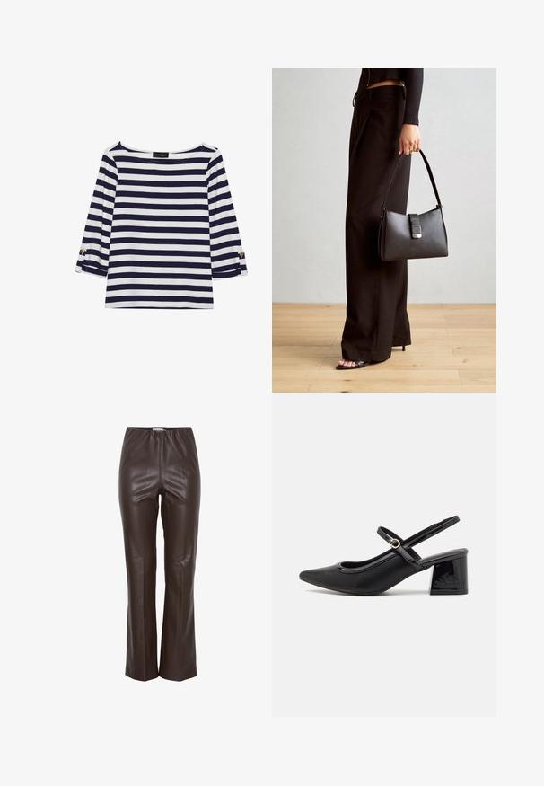 Tumesiniste ja valgete triipudega pikkade varrukatega topp, millel on paadi kaelus ja kuldsete nööpide aktsendid üleskeeratud varrukatel. Pehme kangas, mugav istuvus.; Prune vale nahkast püksid sileda tekstuuriga, elastse vöökohtadega ja sobiva disainiga, mis laienevad kergelt pahkluude juures.; Mustad läikivad nahast slingback-kõrged kontsad, millel on terav nina, ümar lõikekujundus ja blokknina. Omab kuldset nupu aktsenti.; Must musta kott, millel on struktureeritud kuju, sile tekstuur ja metallist klamber. Kombineeritud laiate mustade pükstega ja avatud varvaste sandaalidega puidust põrandal.