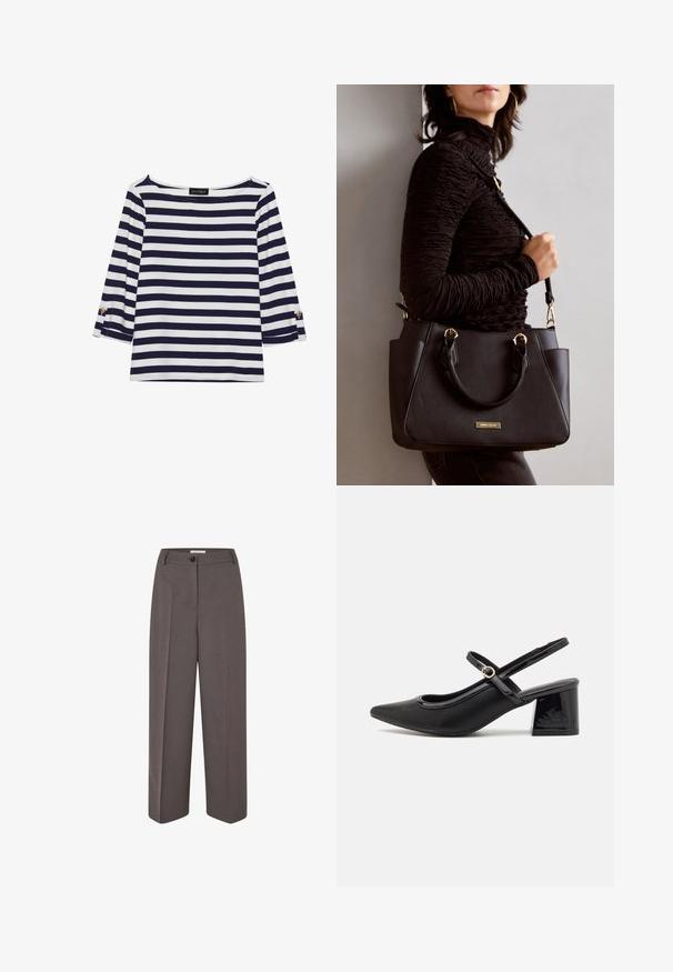 Navy and white striped long-sleeve top with a boat neckline and gold-button accents on rolled sleeves. Soft fabric, relaxed fit.; Wide-leg, high-waist brown trousers with front pleats, belt loops, button closure, and a smooth fabric texture.; Black patent leather slingback heels with a pointed toe, a rounded cutout design, and a block heel. Features a gold-tone buckle accent.; Black handbag with textured surface, dual top handles, and adjustable shoulder strap. Features gold-tone hardware and side pockets.