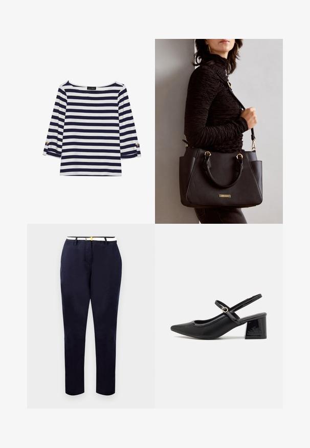 Granatowa i biała, w paski, bluzka z długim rękawem o dekolcie typu łódka oraz złotymi guzikami na podwiniętych rękawach. Miękka tkanina, luźny krój.; Granatowe chinosy w dopasowanym kroju, z bawełnianej tkaniny, z białym paskiem z złotym zapięciem. Gładka faktura, proste nogawki, minimalistyczny design.; Czarne lakierowane czółenka na słupku ze spiczastym noskiem, lekko zaokrąglonym wycięciem i obcasem w kształcie bloku. Posiadają złotą klamrę jako akcent dekoracyjny.; Czarna torebka z teksturowanej powierzchni, podwójnymi uchwytami na górze i regulowanym paskiem na ramię. Posiada złote okucia i boczne kieszenie.