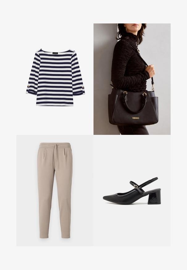 Gestreiftes Langarmoberteil in Marineblau und Weiß mit einem Bootsausschnitt und goldfarbenen Knopfdetails an den hochgekrempelten Ärmeln. Weicher Stoff, entspannter Schnitt.; Beige Jogginghose aus weichem Stoff, mit elastischem Bund und Kordelzug sowie seitlichen Taschen. Schmal zulaufendes Bein-Design.; Schwarze Lackleder-Slingback-Absätze mit spitzer Zehenform, einem runden Ausschnitt-Design und einem Blockabsatz. Mit einem goldfarbenen Schnallenakzent.; Schwarze Handtasche mit strukturierten Oberflächen, doppelten Obergriffen und verstellbarem Schultergurt. Mit goldfarbener Hardware und Seitentaschen.