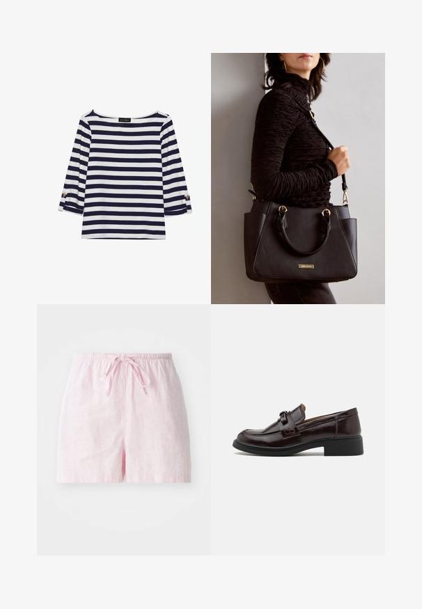 Duga majica dugih rukava prugasta u mornarsko plavu i bijelu boju s brodoglavim izrezom i zlatnim gumbima na pojačanim rukavima. Mekani materijal, opušteni kroj.; Roze lanene šorce s pojasom na vezanje, koji imaju opušteni kroj i glatku teksturu. Bez džepova ili vidljivih kopčanja.; Smeđe kožne mokasine s glatkom teksturom, s dekorativnom trakom i kopčom, nizak crni potplat i dizajn okruglog vrha.; Crna torba s teksturiranom površinom, dvostrukim gornjim ručkama i podesivom remenom za rame. Ima zlatne metalne detalje i bočne džepove.