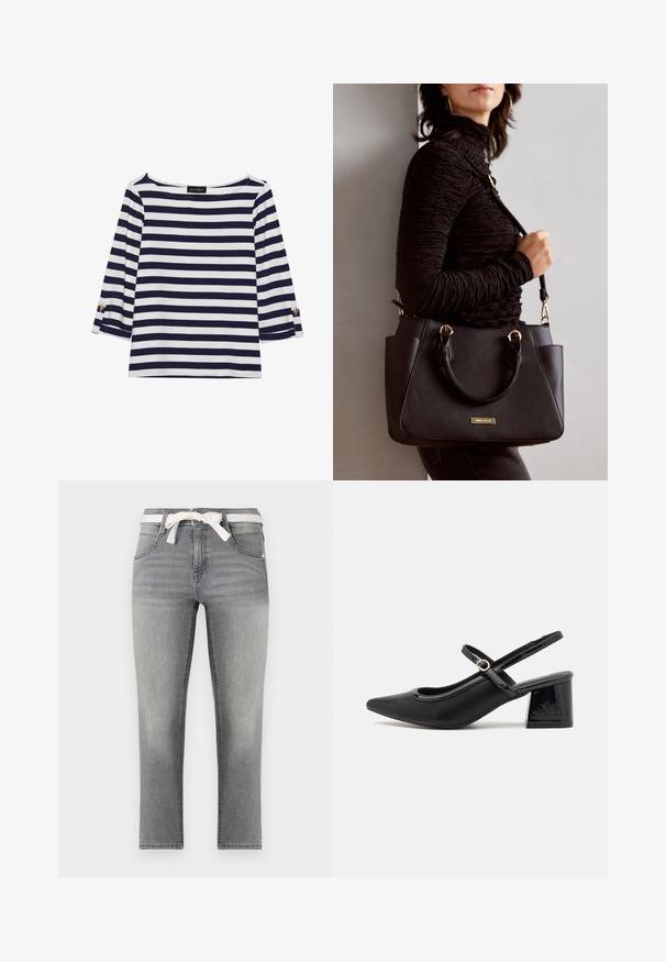 Duga majica dugih rukava prugasta u mornarsko plavu i bijelu boju s brodoglavim izrezom i zlatnim gumbima na pojačanim rukavima. Mekani materijal, opušteni kroj.; Sive traperice ravnog kroja, s remenom u prugama, prednjim džepovima i suptilnim izbljeđenjima na tkanini.; Crne lakirane slingback visoke potpetice s šiljastim vrhom, zaobljenim izrezom i blok potpeticom. Sadrži akcent zlatnog tona s kopčom.; Crna torba s teksturiranom površinom, dvostrukim gornjim ručkama i podesivom remenom za rame. Ima zlatne metalne detalje i bočne džepove.