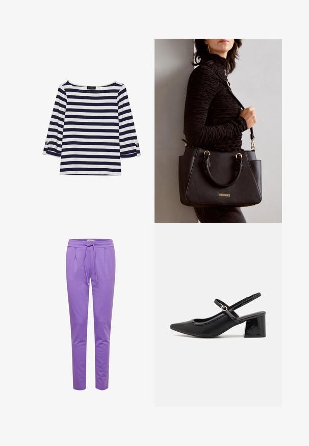 Mėlynos ir baltos spalvos dryžuotas ilgomis rankovėmis marškinėliai su laiviniu kaklu ir auksiniais mygtukais sukeltose rankovėse. Minkšta medžiaga, laisvas siluetas.; ICHI IHKATE PA2 - Treningo apatinė dalis - chive blossom; Juodi patentinio odos slingback aukštakulniai su smailiu pirštu, apvaliu išpjovimu ir blokiniu kulnu. Papuošti auksiniu juostos akcentu.; Juodas rankinės maišelis su struktūrizuota paviršiumi, dvigubais viršutiniais rankenėlėmis ir reguliuojamu peties diržu. Įrengtas aukso spalvos furnitūra ir šoninės kišenės.