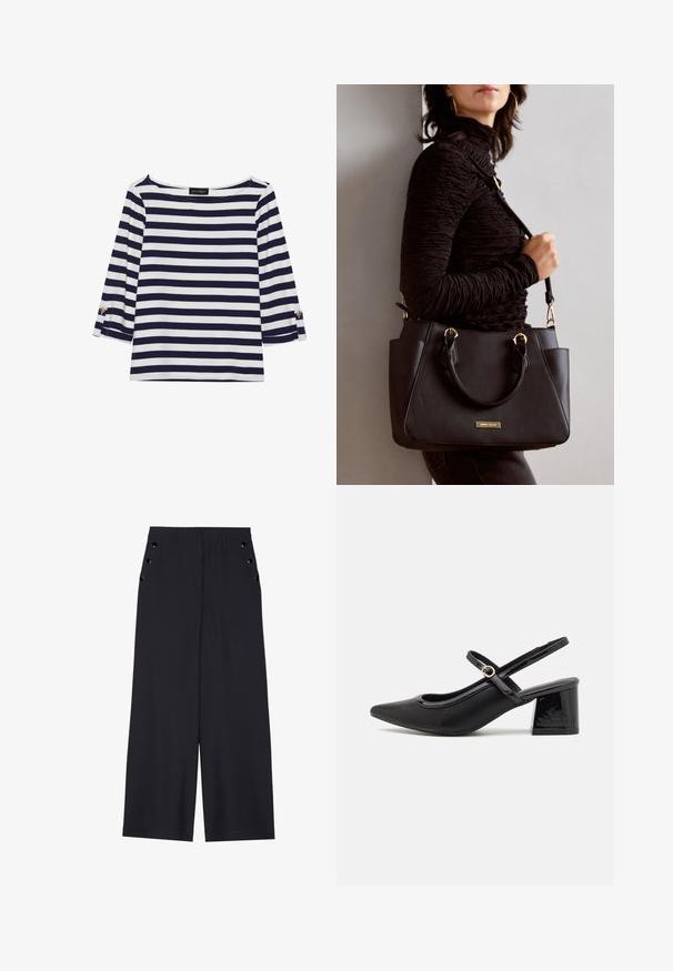 Navy and white striped long-sleeve top with a boat neckline and gold-button accents on rolled sleeves. Soft fabric, relaxed fit.; Wide-leg trousers in dark navy fabric, featuring a smooth texture, front pleats, and decorative gold-tone eyelets on the side pockets.; Black patent leather slingback heels with a pointed toe, a rounded cutout design, and a block heel. Features a gold-tone buckle accent.; Black handbag with textured surface, dual top handles, and adjustable shoulder strap. Features gold-tone hardware and side pockets.