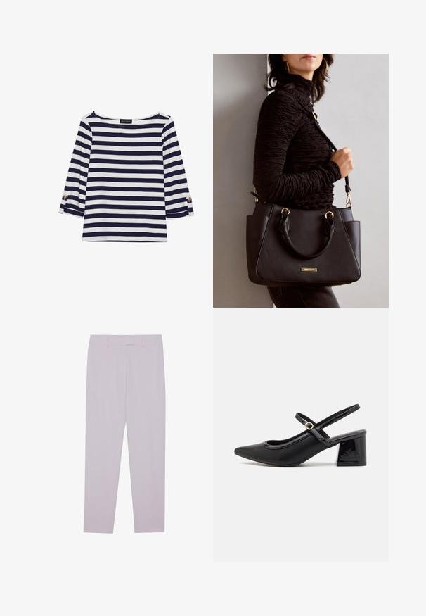 Maglietta a righe blu navy e bianca con maniche lunghe, scollo a barca e dettagli con bottoni dorati sulle maniche arrotolate. Tessuto morbido, vestibilità comoda.; Pantaloni viola chiaro realizzati in tessuto liscio, con una vestibilità su misura, passanti per cintura e un design a gamba dritta.; Décolleté in vernice nera con cinturino dietro, punta affusolata, design con ritagli arrotondati e tacco a blocco. Presenta un accento di fibbia tono oro.; Borsa nera con superficie texturizzata, manici superiori doppi e tracolla regolabile. Dotata di hardware color oro e tasche laterali.
