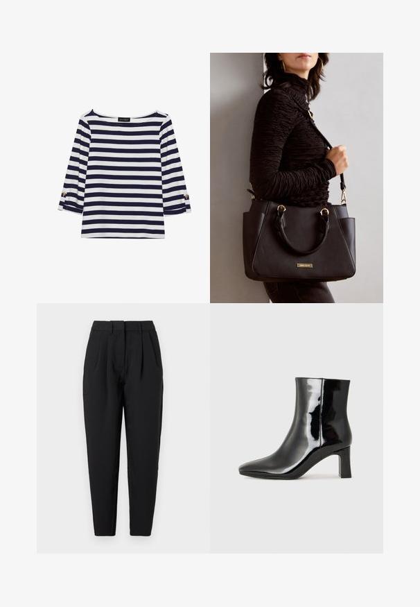 Mėlynos ir baltos spalvos dryžuotas ilgomis rankovėmis marškinėliai su laiviniu kaklu ir auksiniais mygtukais sukeltose rankovėse. Minkšta medžiaga, laisvas siluetas.; Juodos tiesios kelnės, su klostėmis priekyje, lygia tekstūra ir šoninėmis kišenėmis. Juosmens aukštis standartinis.; Juodos lakuotos odinės aulinukės su smailiu pirštu ir vidutinio aukščio blokuotu kulnu. Lygus paviršius ir minimalistinis dizainas.; Juodas rankinės maišelis su struktūrizuota paviršiumi, dvigubais viršutiniais rankenėlėmis ir reguliuojamu peties diržu. Įrengtas aukso spalvos furnitūra ir šoninės kišenės.