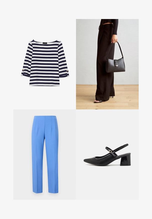 Mėlynos ir baltos spalvos dryžuotas ilgomis rankovėmis marškinėliai su laiviniu kaklu ir auksiniais mygtukais sukeltose rankovėse. Minkšta medžiaga, laisvas siluetas.; Mėlynos pritaikytos kelnės, pagamintos iš sklandžios medžiagos, su šoninėmis raukšlėmis, tiesaus kirpimo ir švaria juosmens linija. Be matomų metalinių elementų ar raštų.; Juodi patentinio odos slingback aukštakulniai su smailiu pirštu, apvaliu išpjovimu ir blokiniu kulnu. Papuošti auksiniu juostos akcentu.; Juodas rankinė struktūrizuota forma, lygi tekstūra ir metalinis užsegimas. Suporuota su plačiomis juodomis kelnėmis ir atvirais bateliais ant medinių grindų.