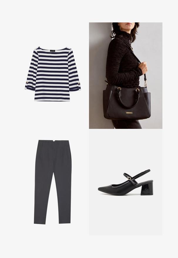 Marinblå och vit randig långärmad topp med båtutskuren hals och guldknappdetaljer på uppvikta ärmar. Mjuk tyg, avslappnad passform.; Mörkgrå tapered byxor med sidofickor och framveck, designade för en skräddarsydd passform.; Svarta lackläder slingback-klackar med spetsig tå, en rundad utskärning och en blockklack. Utsmyckad med en spänne i guldton.; Svart handväska med texturerad yta, dubbla handtag upptill och justerbar axelrem. Utrustad med detaljer i guld och sidofickor.