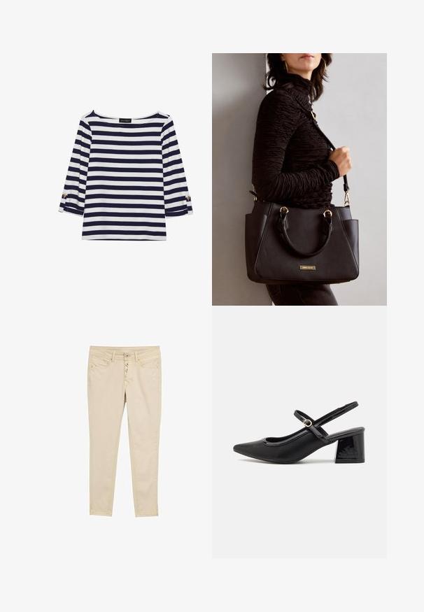 Marineblauw en witte gestreepte longsleeve top met een bootnek en gouden knoopaccenten op de opgerolde mouwen. Zachte stof, relaxte pasvorm.; Beige katoenen skinny jeans met een vijfknops sluiting, voorzakken en subtiele stikseldetails. Glad textuur en aangesloten ontwerp.; Zwarte gepolijste leren slingback hakken met een spitse neus, een ronde uitsnede en een blokhak. Voorzien van een gouden gespaccent.; Zwarte handtas met gestructureerd oppervlak, dubbele bovenhandvatten en verstelbare schouderriem. Voorzien van goudkleurige hardware en zijzakken.