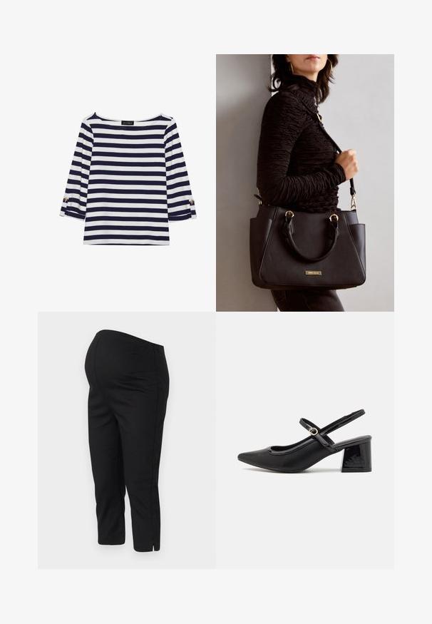 Marineblå og hvit stripete langermet topp med båthals og gullknapper på rullede ermer. Myk stoff, avslappet passform.; Sorte tights med elastisk linning, kort lengde og sideslisser i kanten for enkel bevegelse. Glatt tekstur.; Sorte lakk lær slingback hæler med spiss tå, et avrundet utskjæringsdesign og blokkheel. Har en gulltone spenne som detalj.; Svart håndveske med teksturert overflate, doble topphåndtak og justerbar skulderrem. Har detaljer i gulltone og sidelommer.