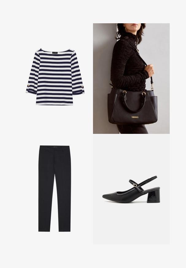Granatowa i biała, w paski, bluzka z długim rękawem o dekolcie typu łódka oraz złotymi guzikami na podwiniętych rękawach. Miękka tkanina, luźny krój.; Czarne, dopasowane, eleganckie spodnie formalne z szlufkami na pasek i przednimi kieszeniami, zaprojektowane dla uzyskania dopasowanego, profesjonalnego wyglądu.; Czarne lakierowane czółenka na słupku ze spiczastym noskiem, lekko zaokrąglonym wycięciem i obcasem w kształcie bloku. Posiadają złotą klamrę jako akcent dekoracyjny.; Czarna torebka z teksturowanej powierzchni, podwójnymi uchwytami na górze i regulowanym paskiem na ramię. Posiada złote okucia i boczne kieszenie.