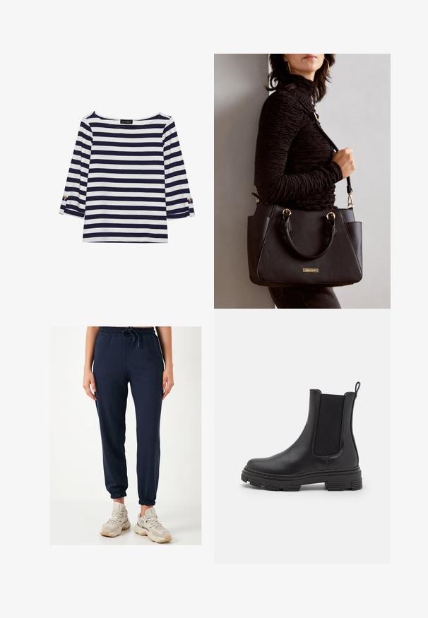 Mornarsko modra in bela črtasta majica z dolgimi rokavi, z vratnim izrezom v obliki čolna in zlatimi gumbi na zavihkih rokavov. Mehka tkanina, sproščen kroj.; Mornarsko modri joggerji z elastičnim pasom in vrvico. Rokavi so ožji, izdelani iz gladkega, mehkega blaga. V kombinaciji z bež supergami.; Črne usnjene gležnjarje z elastiko na straneh, zaobljenim prstom in teksturiranim gumijastim podplatom. Imajo zanko na zadnji strani za enostavno obuvanje.; Črna torbica z teksturirano površino, z dvema zgornjima ročajema in nastavljivim ramenskim pasom. Ima zlatovrateče dodatke in stranske žepe.