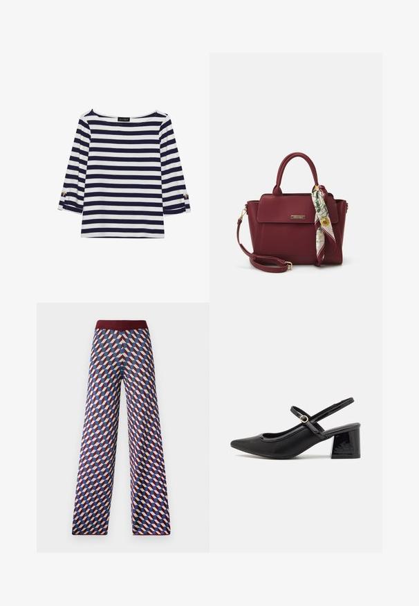 Gestreiftes Langarmoberteil in Marineblau und Weiß mit einem Bootsausschnitt und goldfarbenen Knopfdetails an den hochgekrempelten Ärmeln. Weicher Stoff, entspannter Schnitt.; Gemusterte Weitbein-Hosen mit einem bordeauxroten Bund, die ein geometrisches Design in Rot, Blau und Cremefarben aufweisen, aus gewebtem Stoff.; Schwarze Lackleder-Slingback-Absätze mit spitzer Zehenform, einem runden Ausschnitt-Design und einem Blockabsatz. Mit einem goldfarbenen Schnallenakzent.; Burgunderfarbene Handtasche aus synthetischem Material mit strukturiertem Design, ausgestattet mit einem abnehmbaren Trageriemen und einem blumenmusternden Schal, der am Griff gebunden ist.