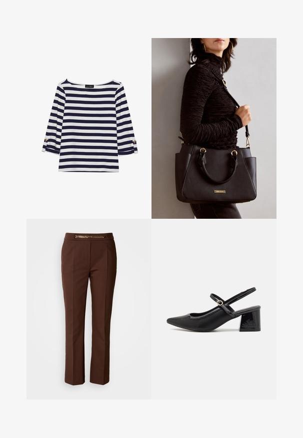 Marineblå og hvit stripete langermet topp med båthals og gullknapper på rullede ermer. Myk stoff, avslappet passform.; Brune skreddersydde bukser med en glatt tekstur, med en gullkjedeaksent i midjen og rett ben-design.; Sorte lakk lær slingback hæler med spiss tå, et avrundet utskjæringsdesign og blokkheel. Har en gulltone spenne som detalj.; Svart håndveske med teksturert overflate, doble topphåndtak og justerbar skulderrem. Har detaljer i gulltone og sidelommer.